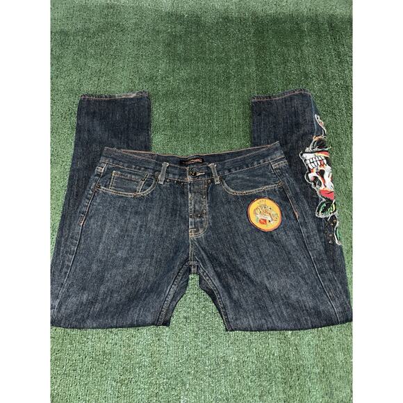 Y2K Ed Hardy x Christian Audigier Skull/Flower Denim Baggy Jeans Men's 36x33 - Picture 8 of 9